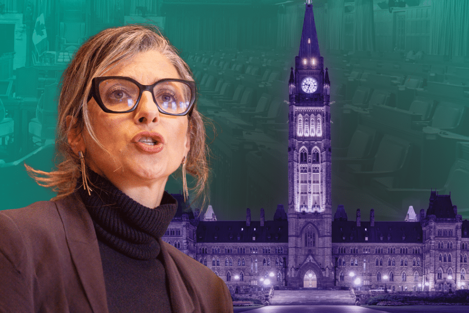Woman speaking in front of Parliament building